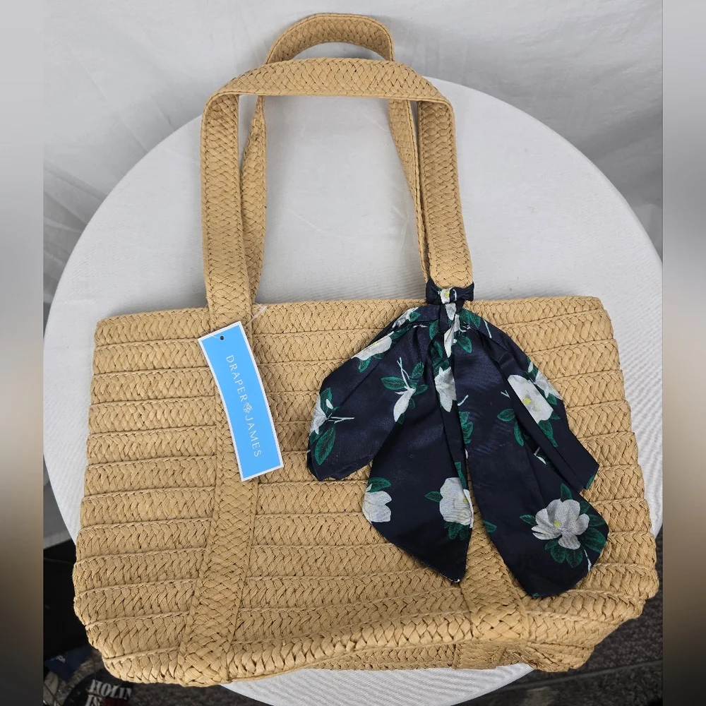 NWT Draper James Tan Woven Medium Size Tote Bag with Floral Scarf